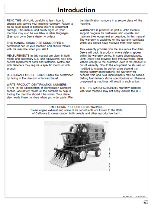 OMN200351: John Deere 9965 Cotton Picker User & Operating Manual