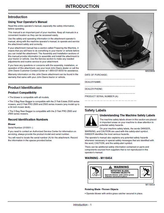 OMTCU24344 John Deere J9 Blower & Rear Bagger 2/3 Bag Manual