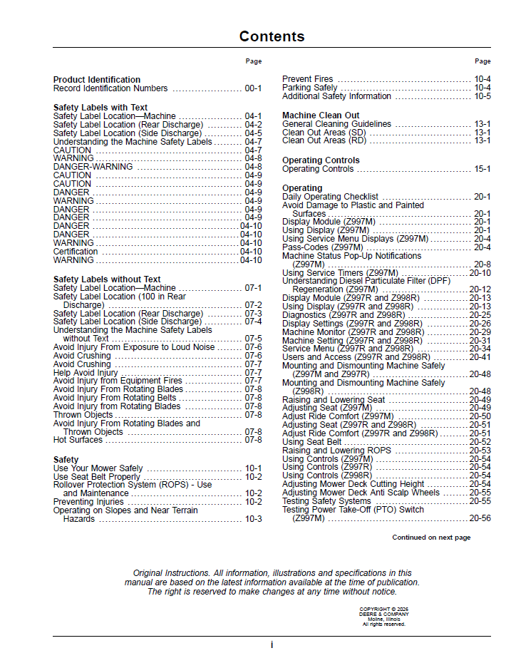 OMUC42688E - JOHN DEERE ZERO TURN DIESEL Z997M, Z998R, ZERO TURN DIESEL Z997R OPERATOR MANUAL
