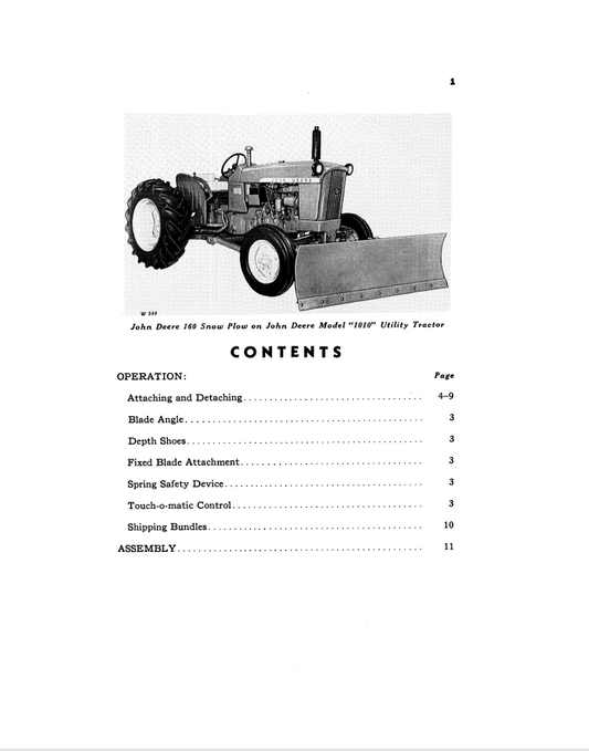 OMW11420W JOHN DEERE 60,160,260, M-60 AND MI-72 SNOW PLOWS OPERATOR MANUAL OMW11420W