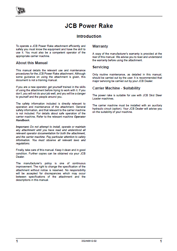 Official JCB Power Rake User Manual PDF