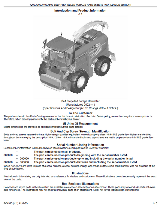 Official John Deere 7000 Series Self-Propelled Forage Harvester Parts Manual