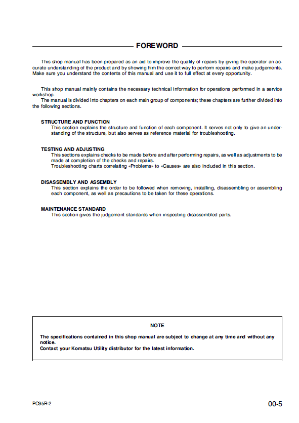 Official Komatsu PC95R-2 Hydraulic Excavator Repair & Maintenance Manual PDF