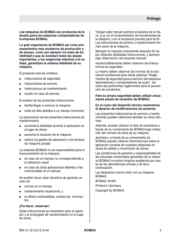 Official Operator's and Maintenance Instructions: BOMAG BW 213 D-40 & PD-40 (Part No. 00815883 ES)
