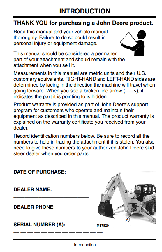 JOHN DEERE UTILITY BACKHOE PRO850, PRO900, PRO911 FOR 240, 250, 260, 270, 280 AND 4475, 5575, 6675, 7775, 8875 SKID STEER OPERATOR MANUAL OMKV16796