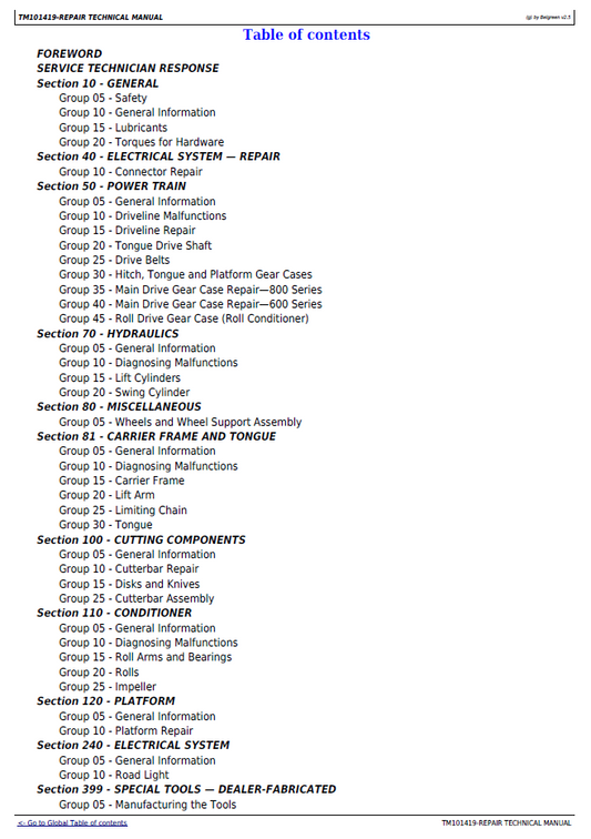 TM101419 John Deere Mower-Conditioner Technical Service Manual PDF