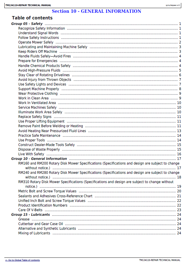 TM134119 Technical Repair Manual for John Deere Rotary Disk Mowers PDF Download