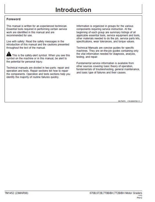 TM1452 John Deere Motor Grader Operation & Diagnostic Manual PDF