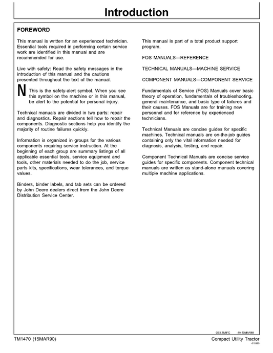 TM1470 John Deere Compact Utility Tractor Service Repair Manual PDF