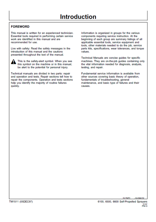 TM1511 John Deere Sprayer Technical Repair & Service Manual