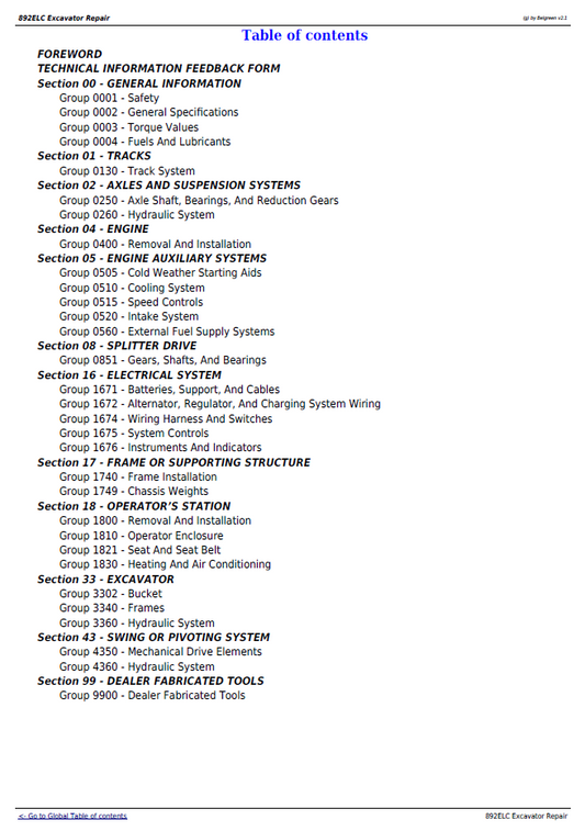 TM1542 John Deere 892ELC Excavator Service & Workshop Repair Guide