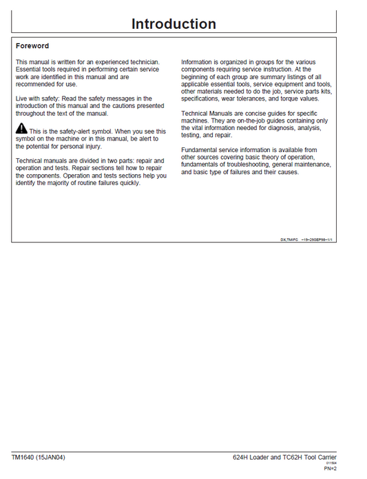 TM1640 John Deere 624H 4WD Loader Technical Service Manual PDF