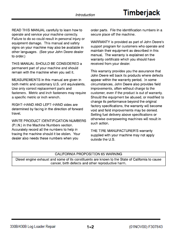 Timberjack 330B & 430B John Deere Log Loaders Service Manual