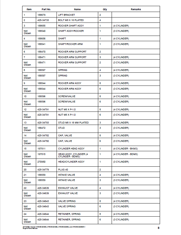 Yanmar 3TNV88-BKMS 4TNV88-BKMS BDMS BDMSR1 Parts Catalog Manual PDF