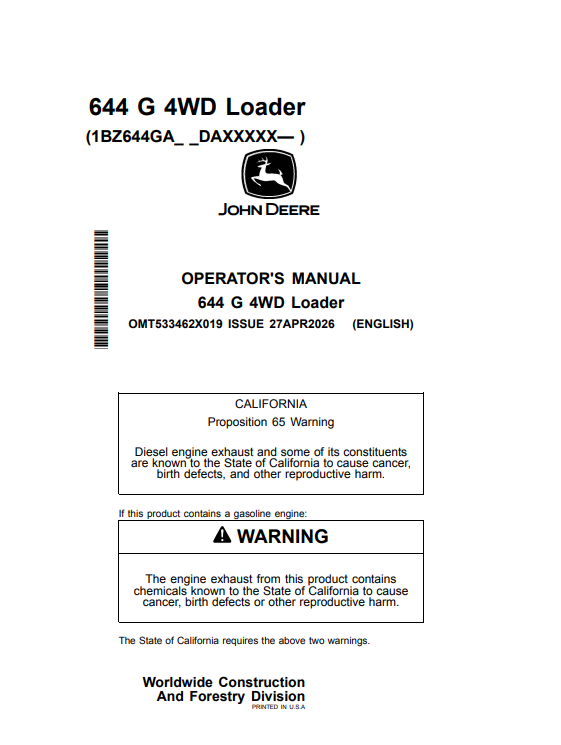 JOHN DEERE 644 G 4WD LOADER OPERATOR MANUAL OMT533462X019