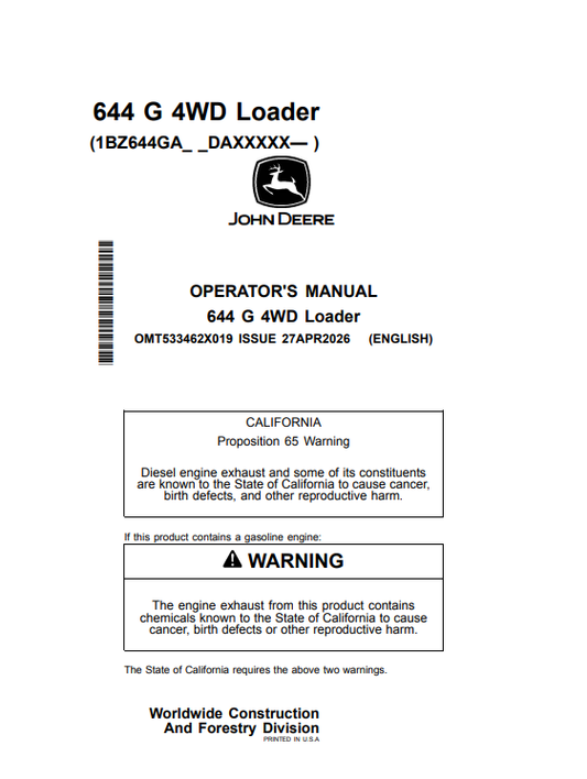 JOHN DEERE 644 G 4WD LOADER OPERATOR MANUAL OMT533462X019