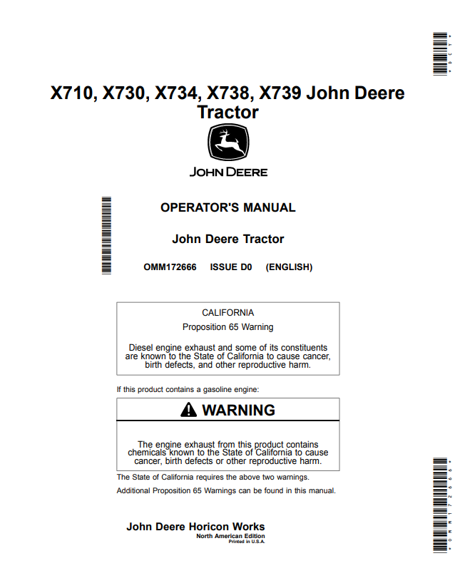 JOHN DEERE X710, X730, X734, X738, X739 TRACTOR OPERATOR MANUAL OMM172666