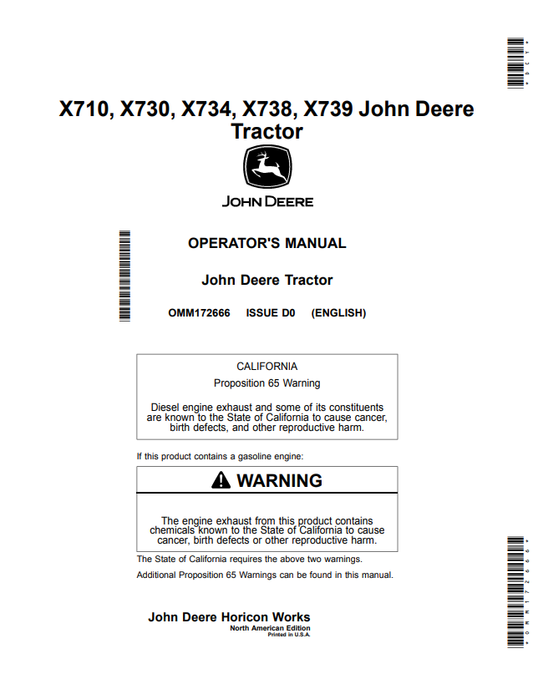 JOHN DEERE X710, X730, X734, X738, X739 TRACTOR OPERATOR MANUAL OMM172666