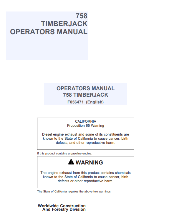JOHN DEERE 758 TIMBERJACK OPERATOR MANUAL F056471