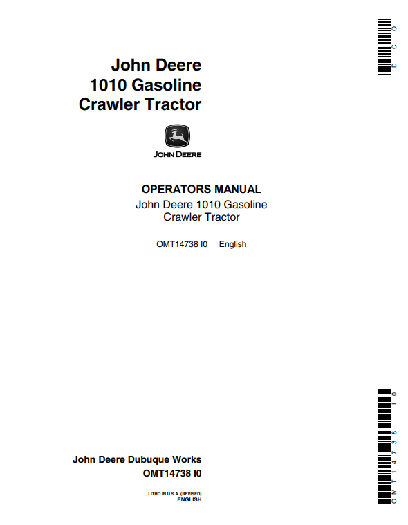 JOHN DEERE 1010 GASOLINE CRAWLER TRACTOR OPERATOR MANUAL OMT14738