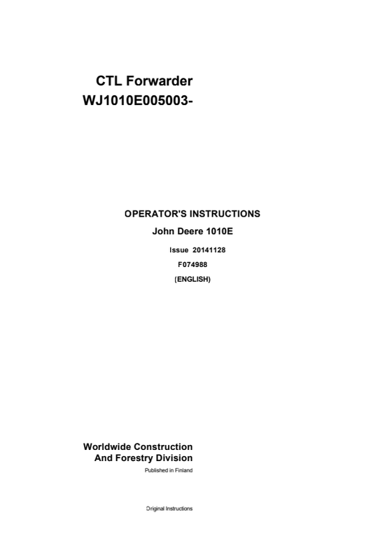 JOHN DEERE 1010E OPERATOR INSTRUCTION MANUAL F074988