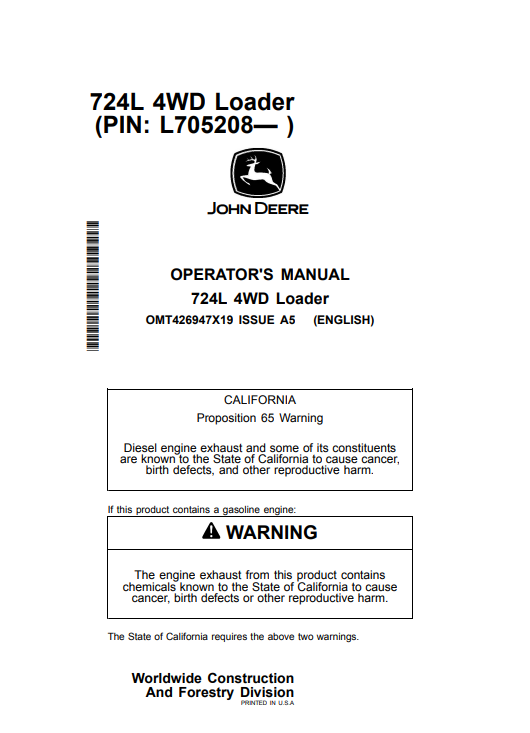 JOHN DEERE 724L 4WD LOADER OPERATOR MANUAL OMT426947X19