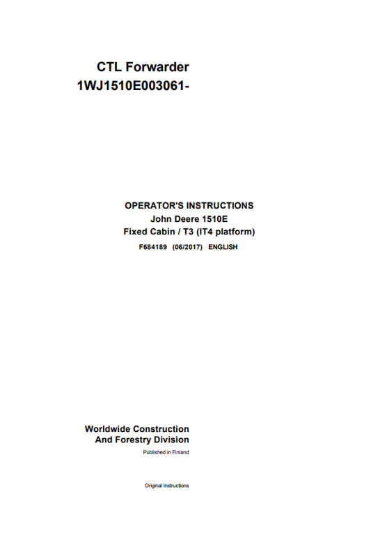 JOHN DEERE 1510E FIXED CABIN / T3 (IT4 PLATFORM) OPERATOR MANUAL F684189
