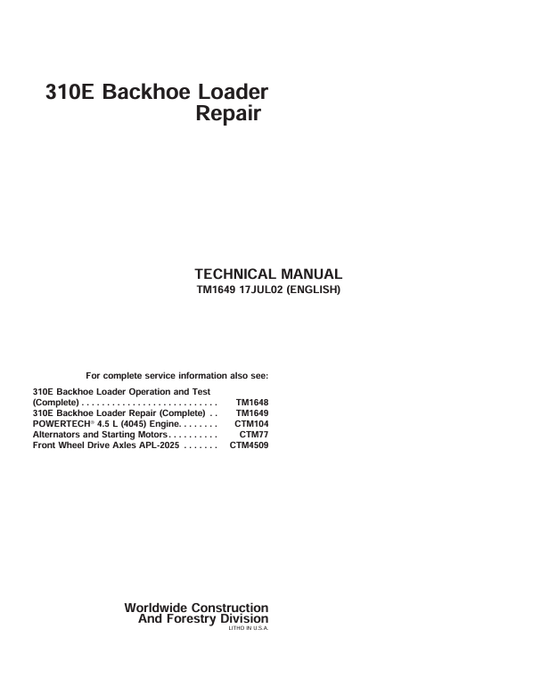 JOHN DEERE 310E BACKHOE LOADER TECHNICAL SERVICE REPAIR MANUAL TM1649