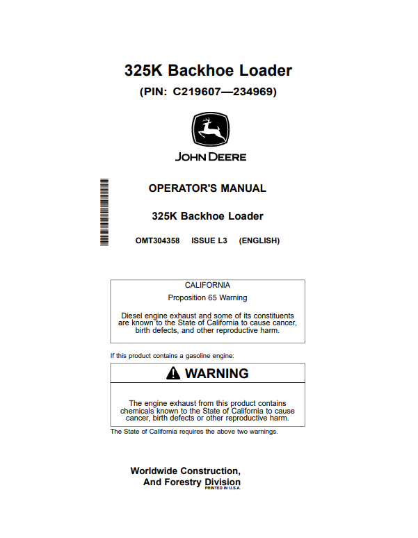 JOHN DEERE 325K BACKHOE LOADER OPERATOR MANUAL OMT304358