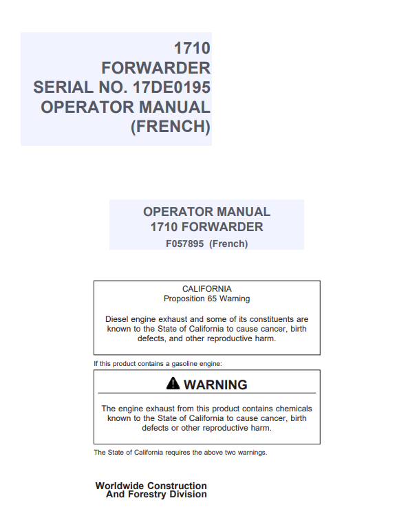 JOHN DEERE 1710 FORWARDER OPERATOR MANUAL F057895