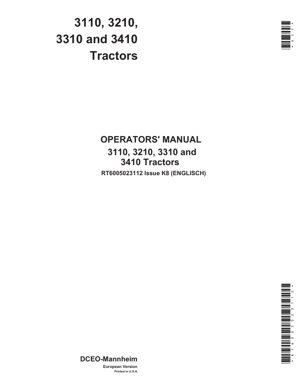 JOHN DEERE 3110, 3210, 3310, 3410 TRACTOR OPERATOR MANUAL RT6005023112