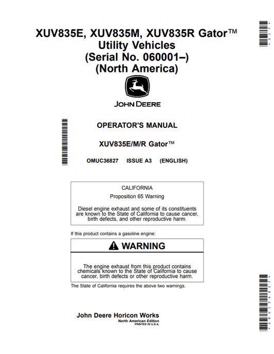 JOHN DEERE XUV835E, XUV835M, XUV835R GATOR™ UTILITY VEHICLES OPERATOR MANUAL OMUC36827