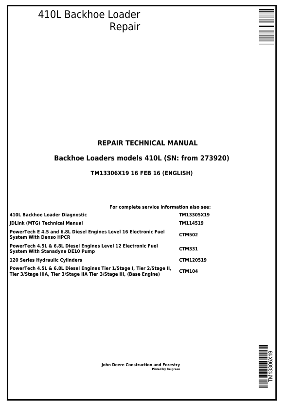 JOHN DEERE 410L BACKHOE LOADER REPAIR TECHNICAL MANUAL TM13306X19