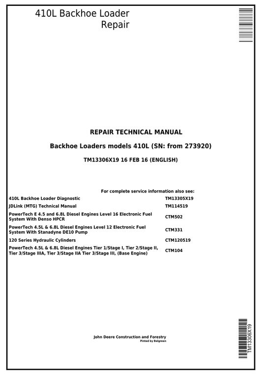 JOHN DEERE 410L BACKHOE LOADER REPAIR TECHNICAL MANUAL TM13306X19