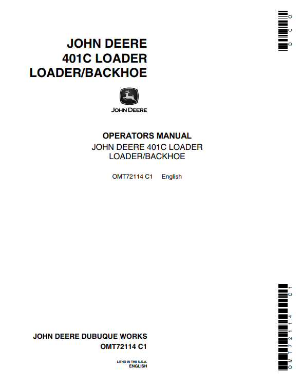 JOHN DEERE 401C BACKHOE LOADER OPERATOR MANUAL OMT72114