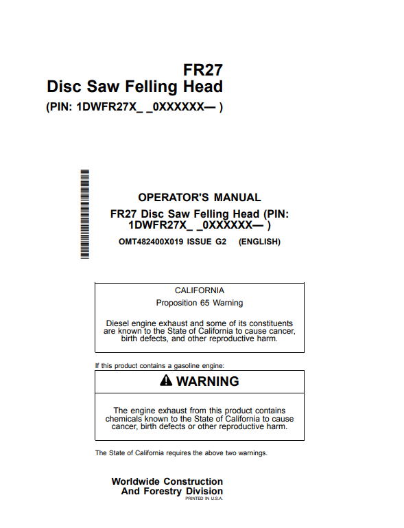 JOHN DEERE FR27 DISC SAW FELLING HEAD OPERATOR MANUAL OMT482400X019