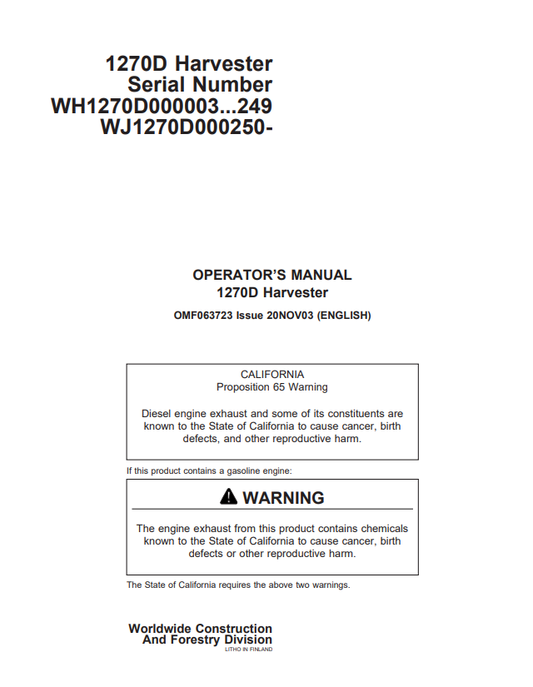 JOHN DEERE 1270D HARVESTER OPERATOR MANUAL OMF063723