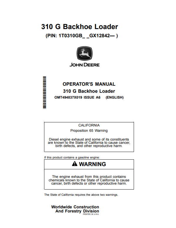 JOHN DEERE 310 G BACKHOE LOADER OPERATOR MANUAL OMT494837X019