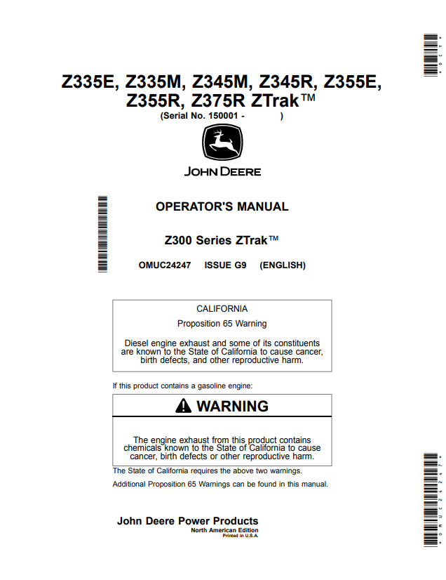 JOHN DEERE Z335E, Z335M, Z345M, Z345R, Z355E, Z355R, Z375R, Z300 SERIES ZTRAK™ OPERATOR MANUAL OMUC24247