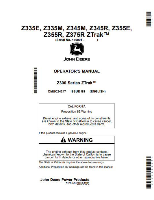 JOHN DEERE Z335E, Z335M, Z345M, Z345R, Z355E, Z355R, Z375R, Z300 SERIES ZTRAK™ OPERATOR MANUAL OMUC24247