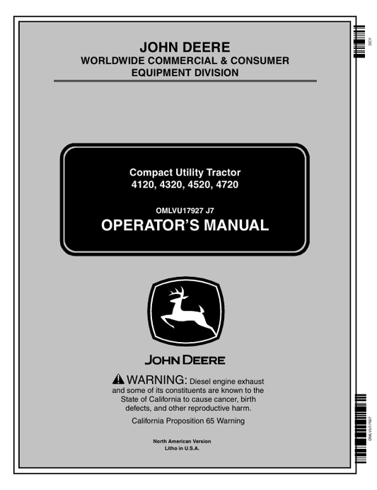 JOHN DEERE 4120, 4320, 4520, 4720 COMPACT UTILITY TRACTOR OPERATOR MANUAL OMLVU17927