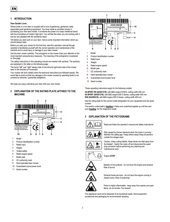 JOHN DEERE 40-SPIRIT RS (SA201319), 40-SPIRIT (SA201219), R40 (SA206219) LAWN MOWERS OPERATOR MANUAL SAU16195