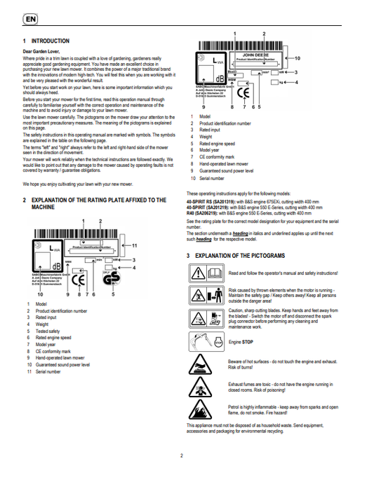 JOHN DEERE 40-SPIRIT RS (SA201319), 40-SPIRIT (SA201219), R40 (SA206219) LAWN MOWERS OPERATOR MANUAL SAU16195