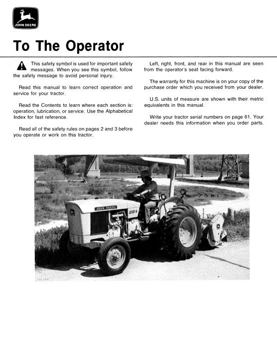 JOHN DEERE 301A TRACTOR AND LOADER OPERATOR MANUAL OMT79303
