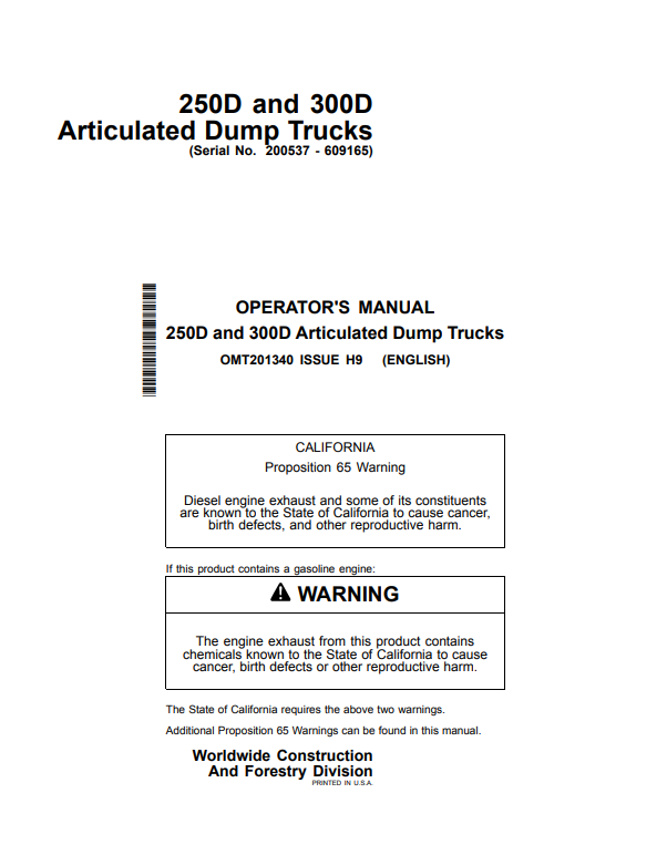 JOHN DEERE 250D, 300D ARTICULATED DUMP TRUCK OPERATOR MANUAL OMT201340