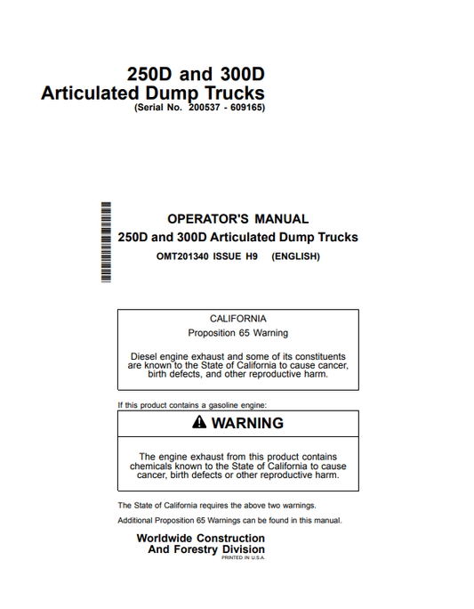 JOHN DEERE 250D, 300D ARTICULATED DUMP TRUCK OPERATOR MANUAL OMT201340