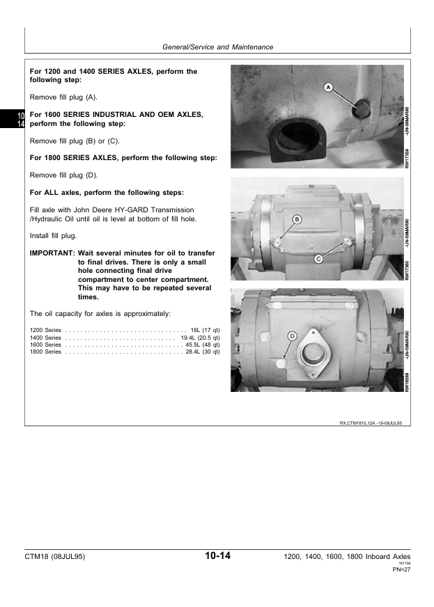 JOHN DEERE TEAMMATE 1200, 1400, 1600, 1800 INBOARD PLANETARY AXLES TECHNICAL MANUAL CTM18