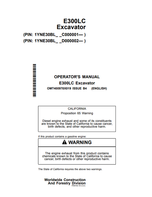JOHN DEERE E300LC EXCAVATOR OPERATOR MANUAL OMT400978X019