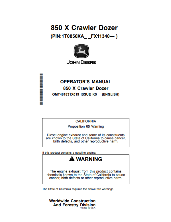 JOHN DEERE 850 X CRAWLER DOZER OPERATOR MANUAL OMT481831X019