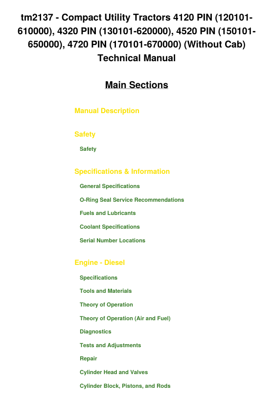 JOHN DEERE 4120, 4320, 4520, 4720 COMPACT UTILITY TRACTOR TECHNICAL MANUAL TM2137